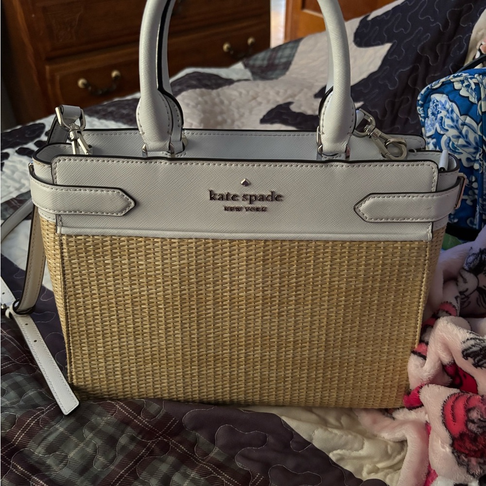 Kate Spade White and Tan Woven/Leather Handbag